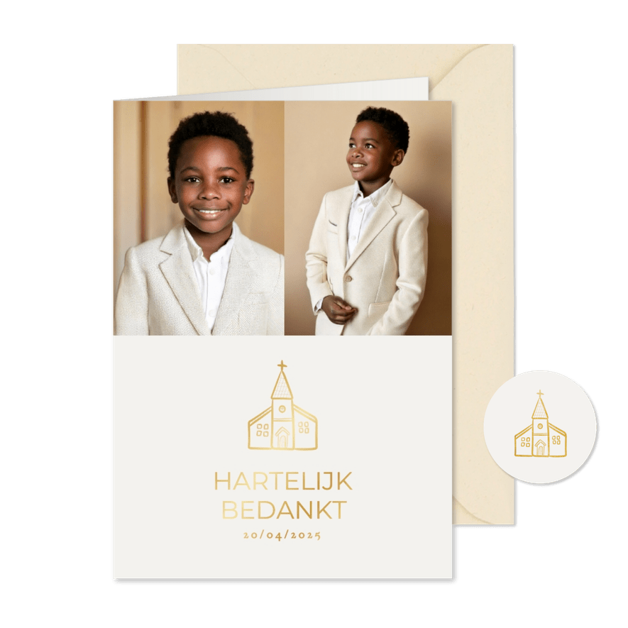 Beige communiekaart bedankt met foto's en gouden kerkje - Kaartimpressie