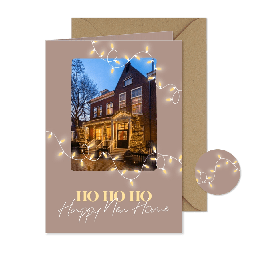 Beige foto verhuiskaart met kerstlampjes - Kaartimpressie