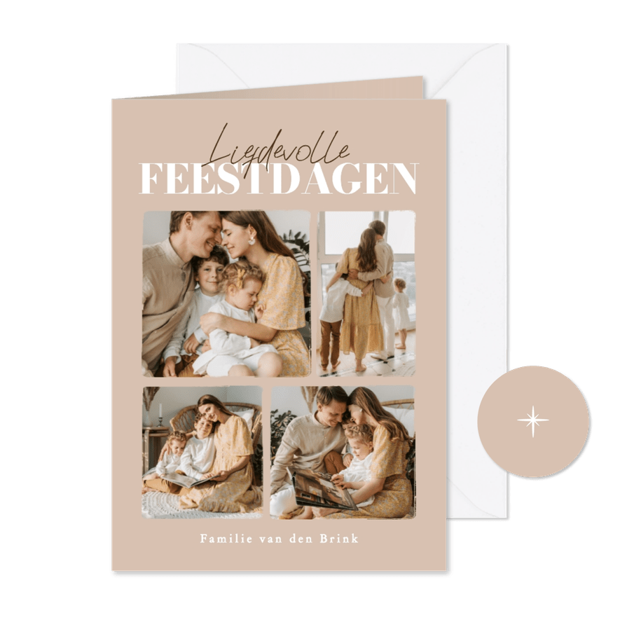 Beige fotocollage kerstkaart liefdevolle feestdagen - Kaartimpressie