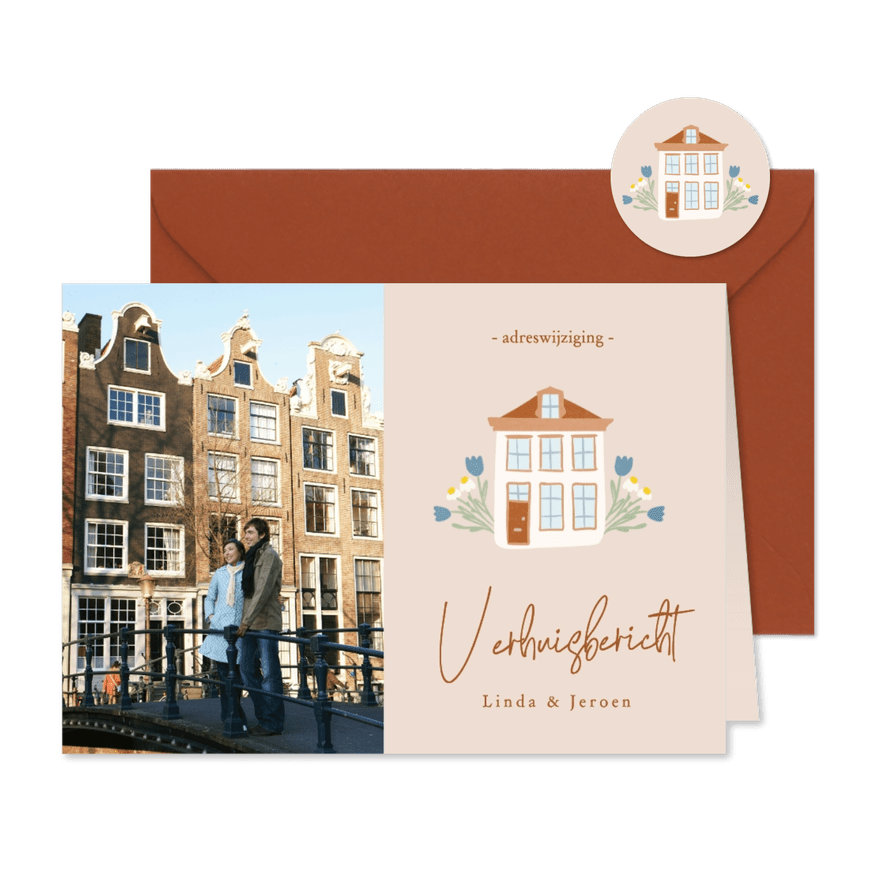 Beige fotokaartje verhuizing met huisje en bloemen - Kaartimpressie