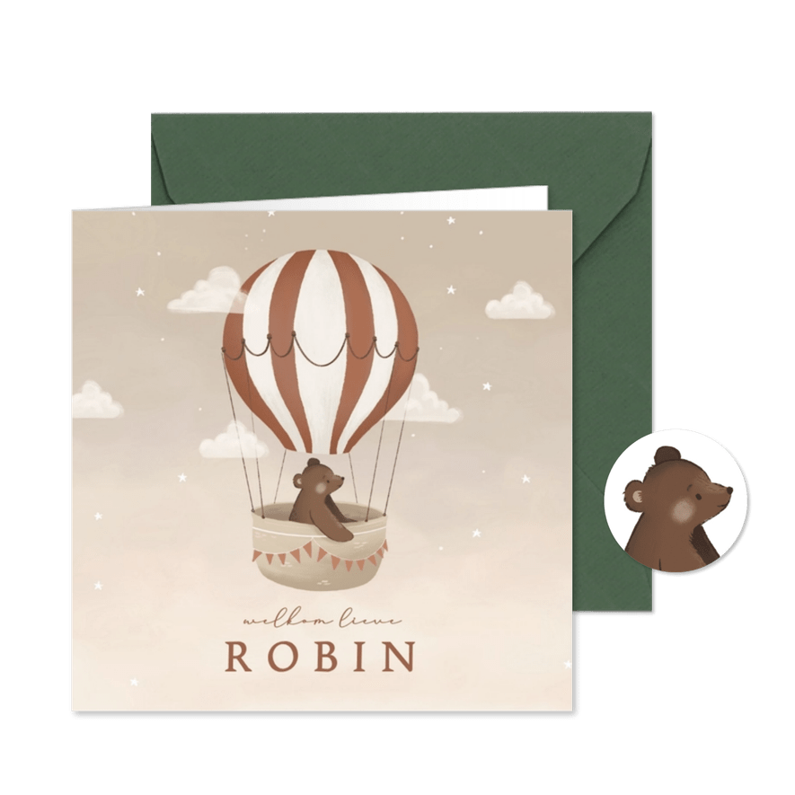 Beige geboortekaartje beer in bruine luchtballon - Kaartimpressie