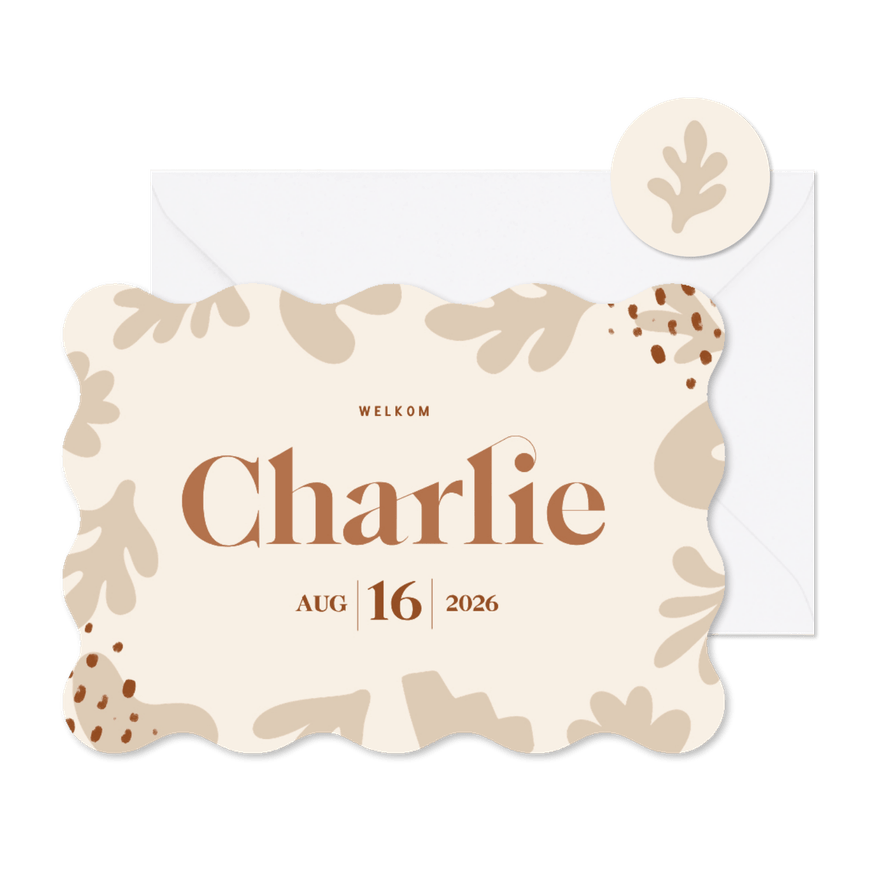 Beige geboortekaartje golfrand met abstracte vorm - Kaartimpressie