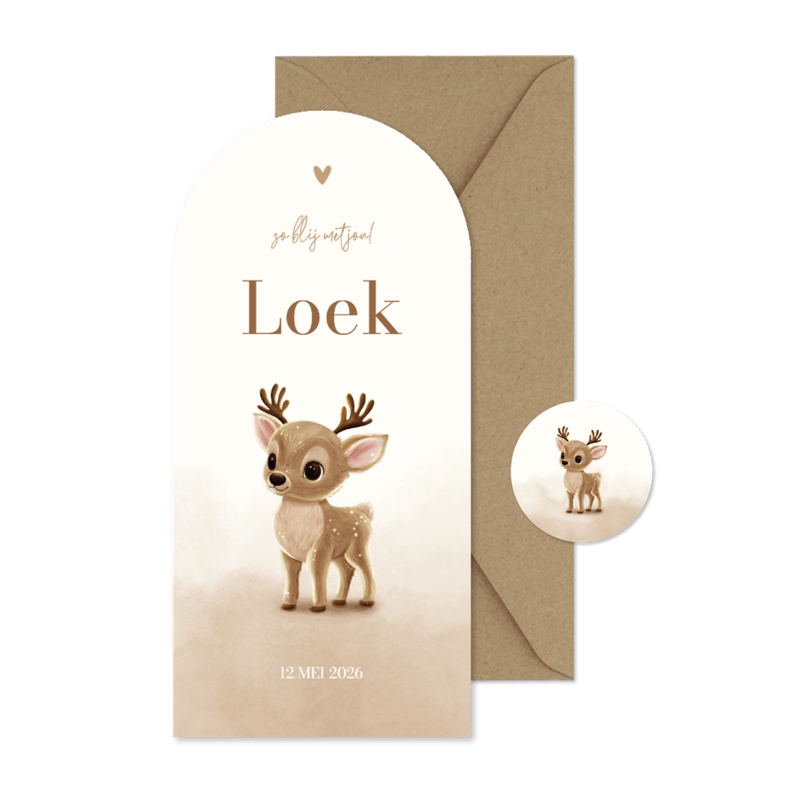 Beige geboortekaartje hertje boog met waterverf - Kaartimpressie