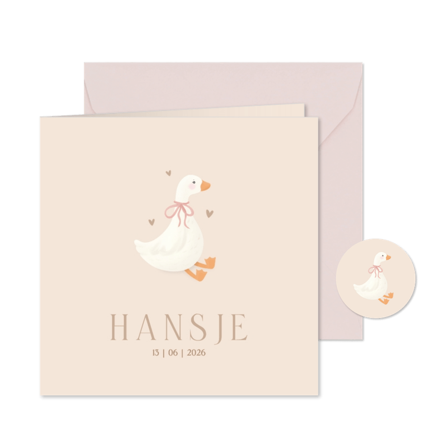 Beige geboortekaartje lief gans met strik meisje klassiek - Kaartimpressie