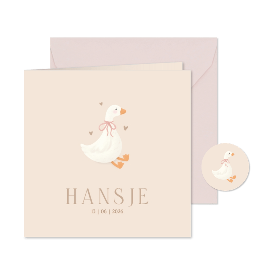 Beige geboortekaartje lief gans met strik meisje klassiek - Kaartimpressie