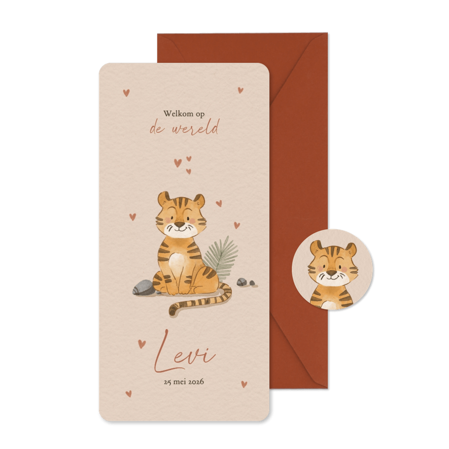 Beige geboortekaartje met getekend tijgertje - Kaartimpressie