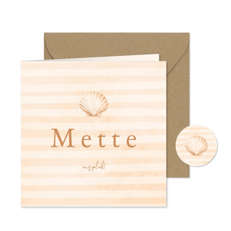 Beige geboortekaartje met schelp en en streepjes - Kaartimpressie