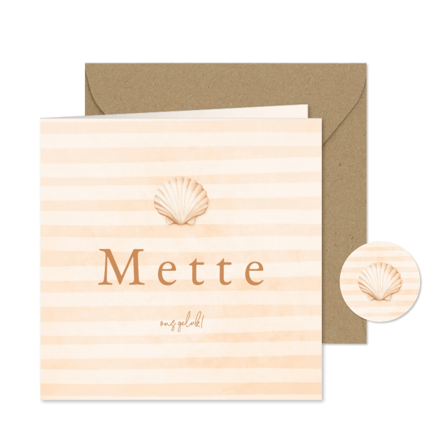 Beige geboortekaartje met schelp en en streepjes - Kaartimpressie