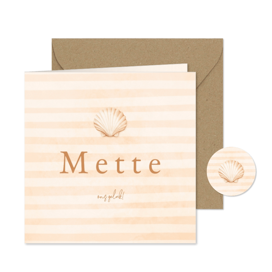 Beige geboortekaartje met schelp en en streepjes - Kaartimpressie