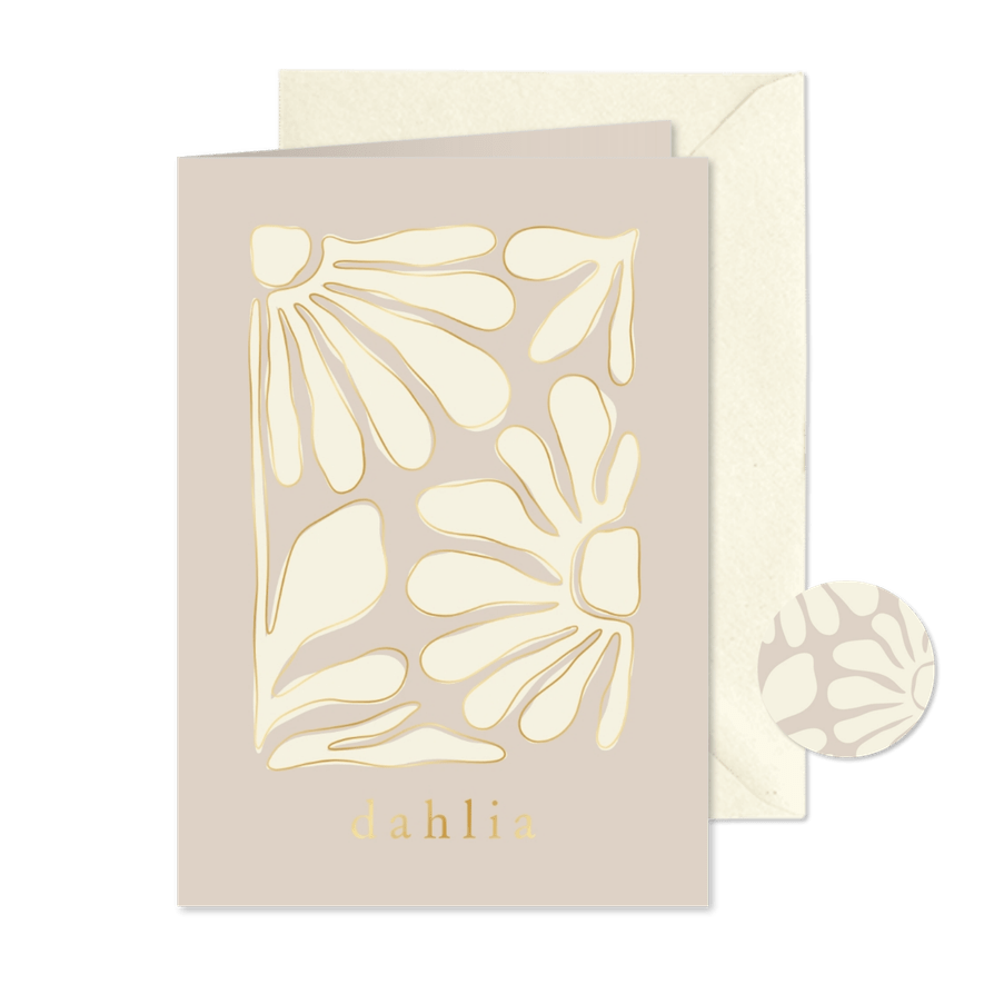 Beige geboortekaartje trendy bloemen abstract met goudfolie - Kaartimpressie