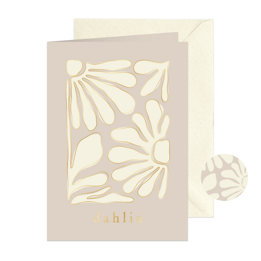 Beige geboortekaartje trendy bloemen abstract met goudfolie - Kaartimpressie