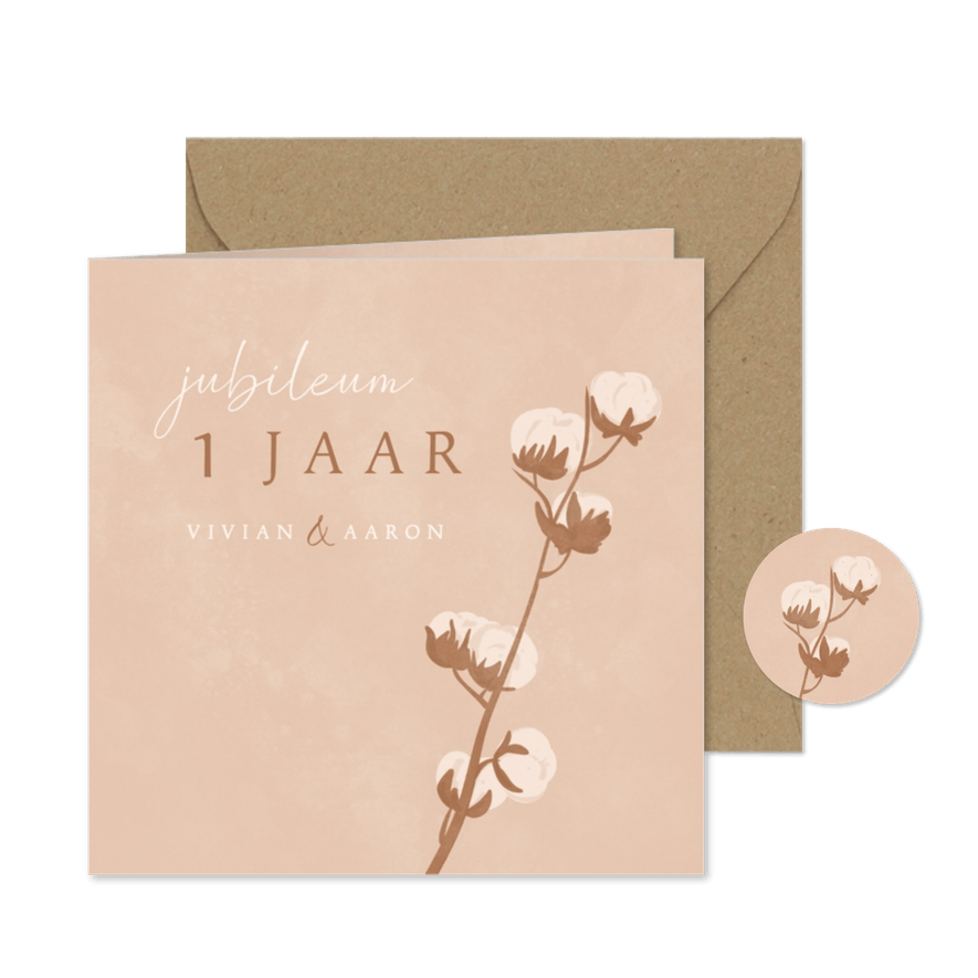 Beige jubileumkaart met katoen takjes huwelijksjubileum - Kaartimpressie