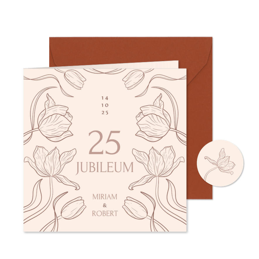 Beige jubileumkaart met vintage bloemen illustratie - Kaartimpressie