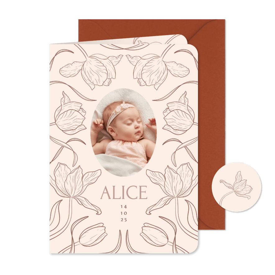 Beige klassiek geboortekaartje foto met vintage tulpen - Kaartimpressie