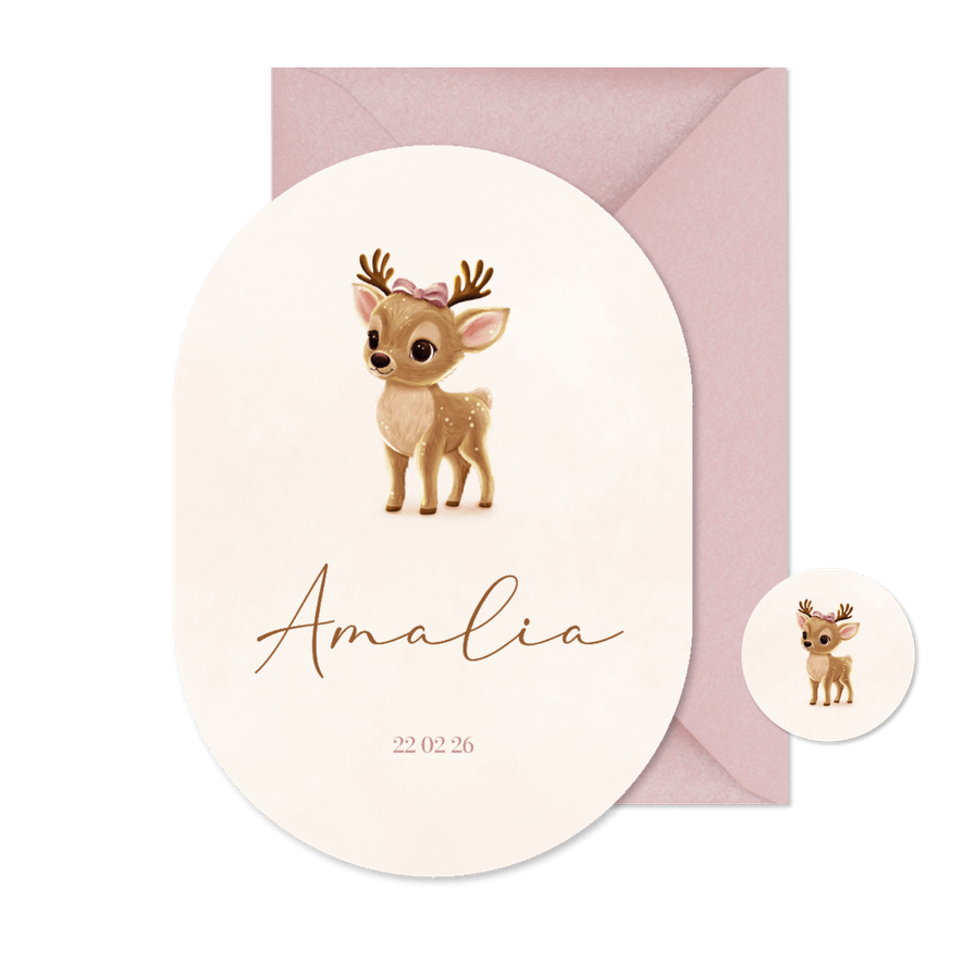 Beige ovaal geboortekaartje hertje met strik  - Kaartimpressie