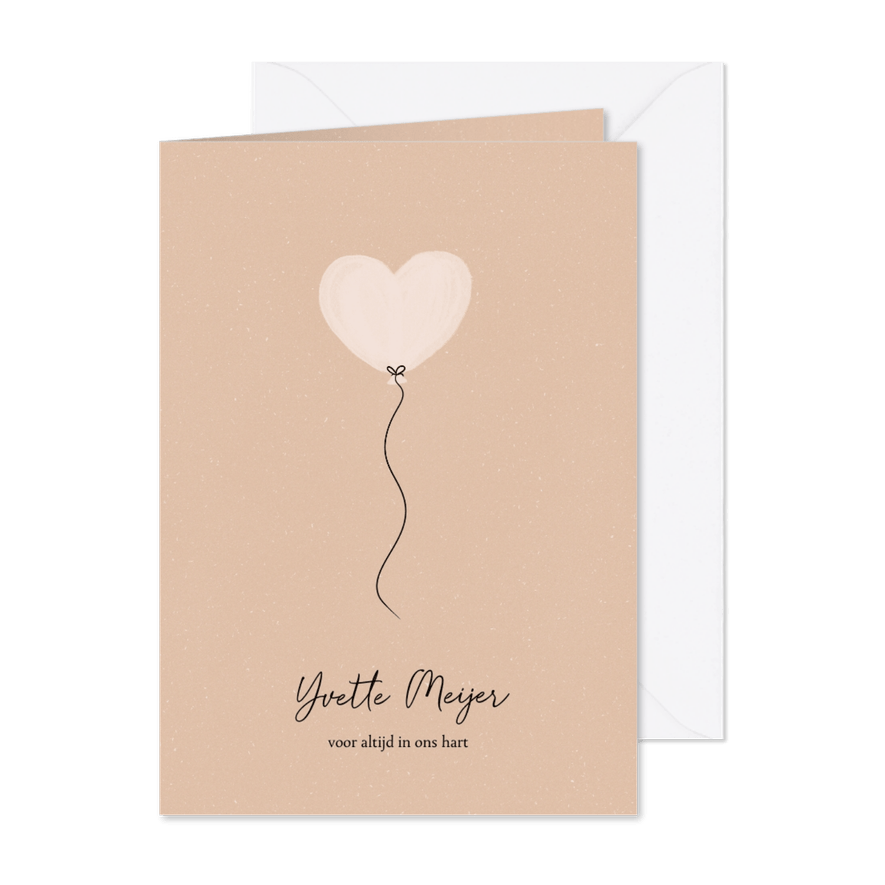 Beige rouwkaart met subtiel lief ballon hartje - Kaartimpressie
