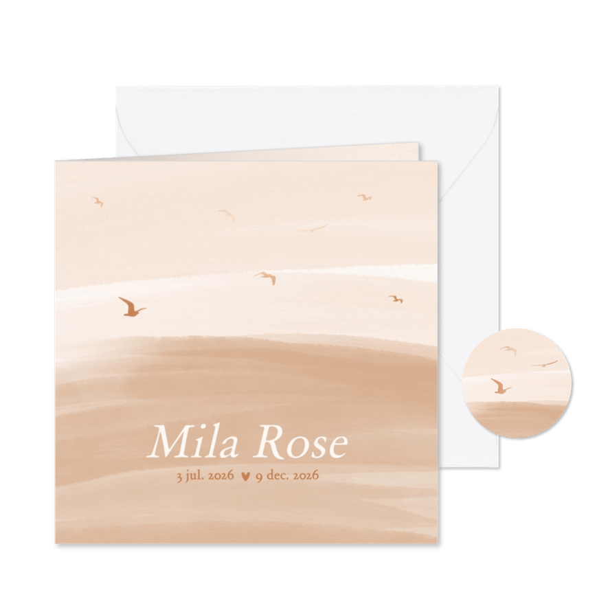 Beige rouwkaartje kind met vogels en waterverf - Kaartimpressie