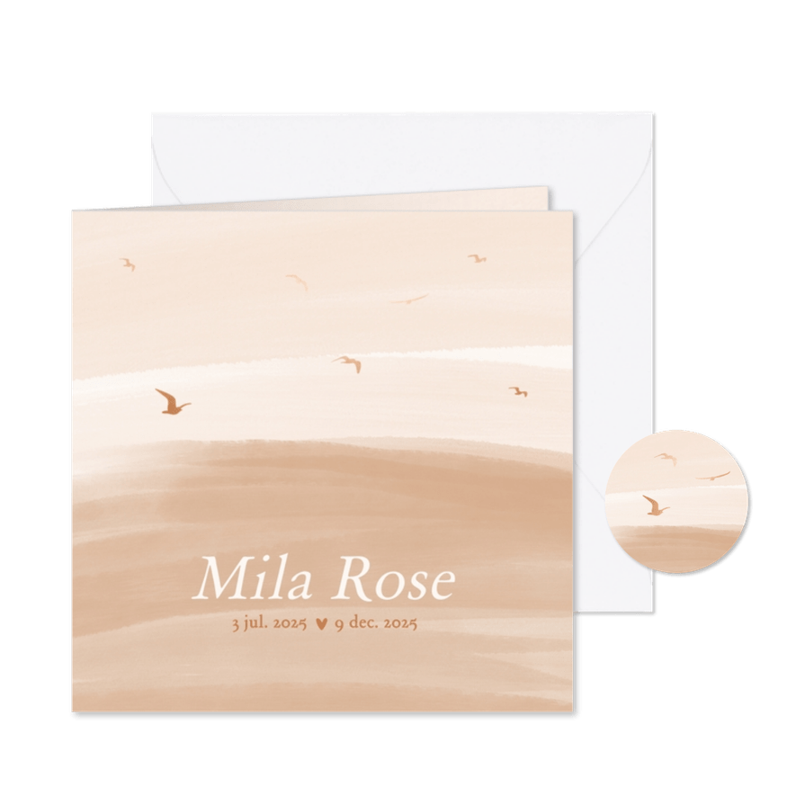 Beige rouwkaartje kind met vogels en waterverf - Kaartimpressie