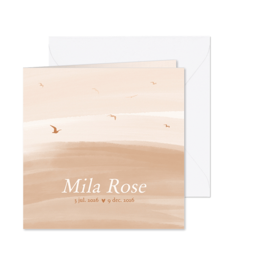 Beige rouwkaartje kind met vogels en waterverf - Kaartimpressie