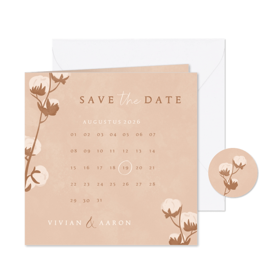 Beige save the date kaart met katoentakje en kalender - Kaartimpressie