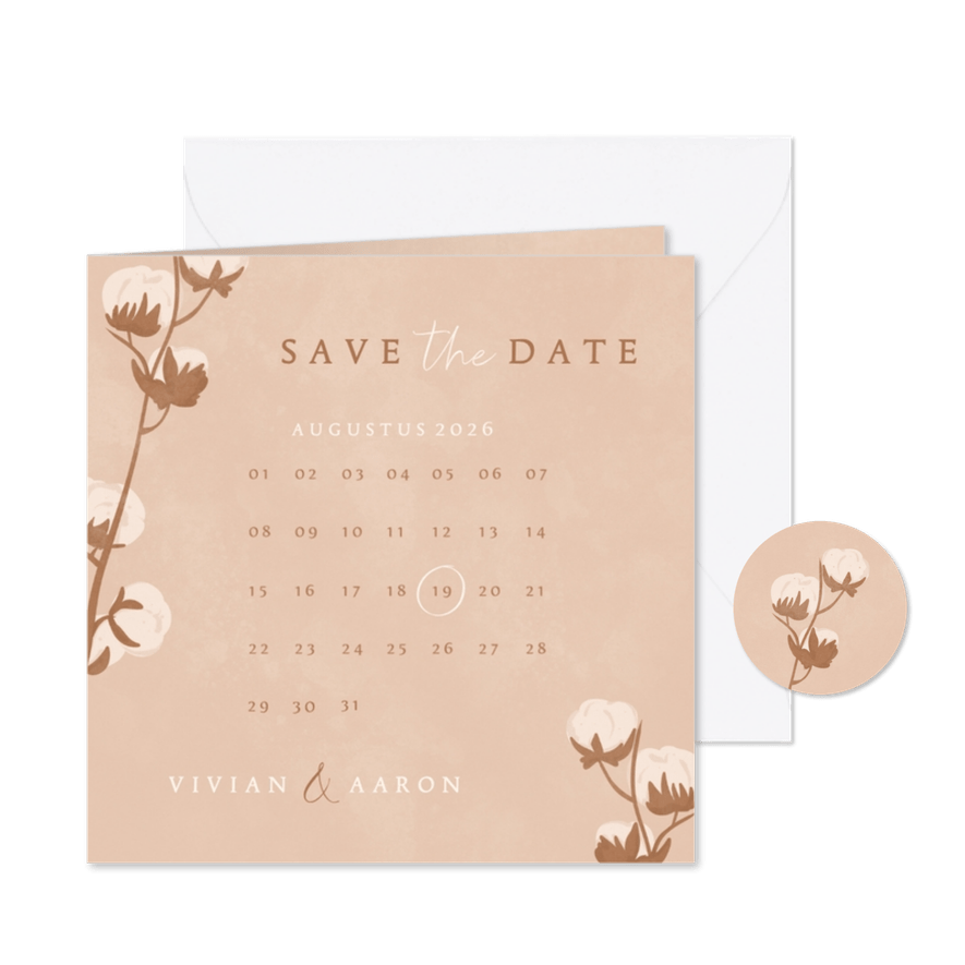 Beige save the date kaart met katoentakje en kalender - Kaartimpressie