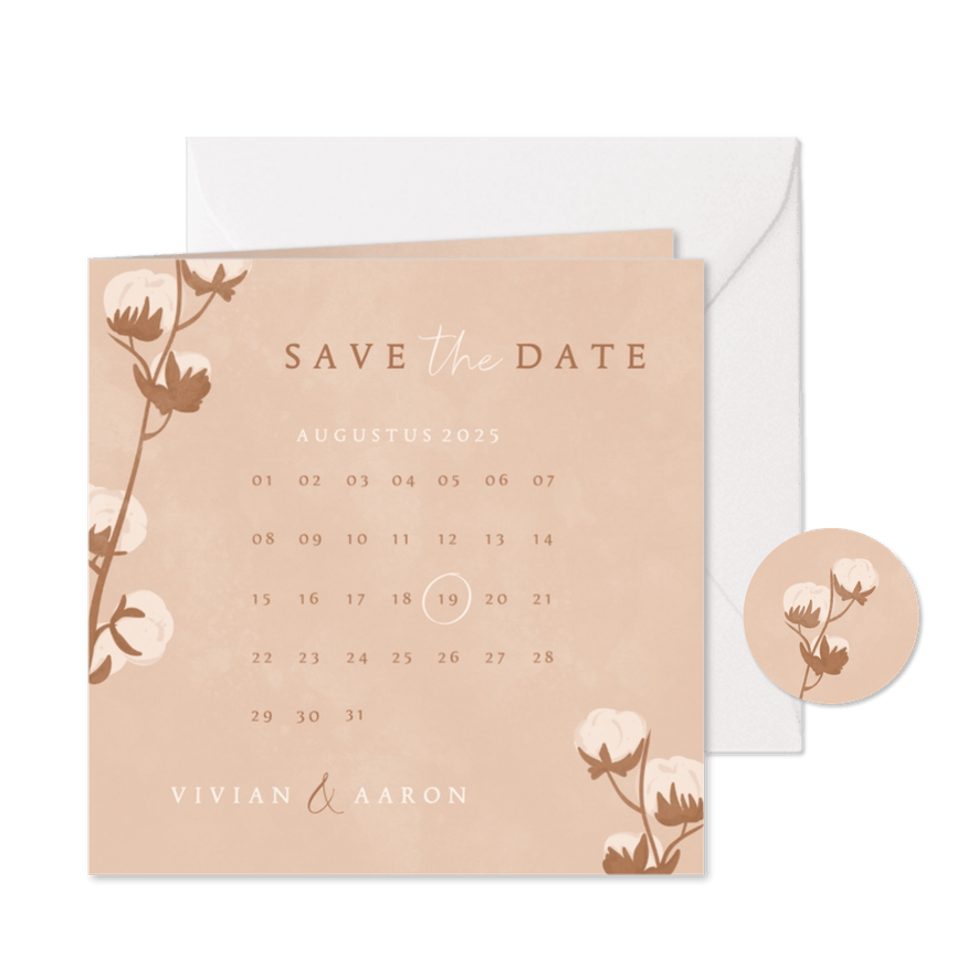 Beige save the date kaart met katoentakje en kalender - Kaartimpressie