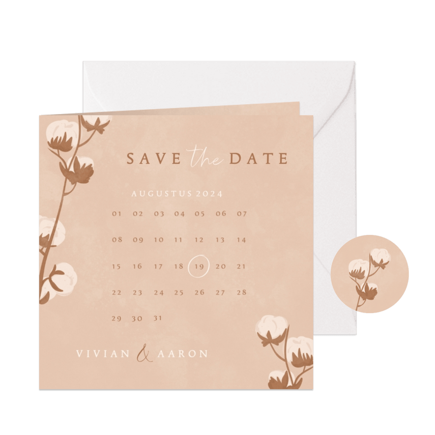 Beige save the date kaart met katoentakje en kalender - Kaartimpressie