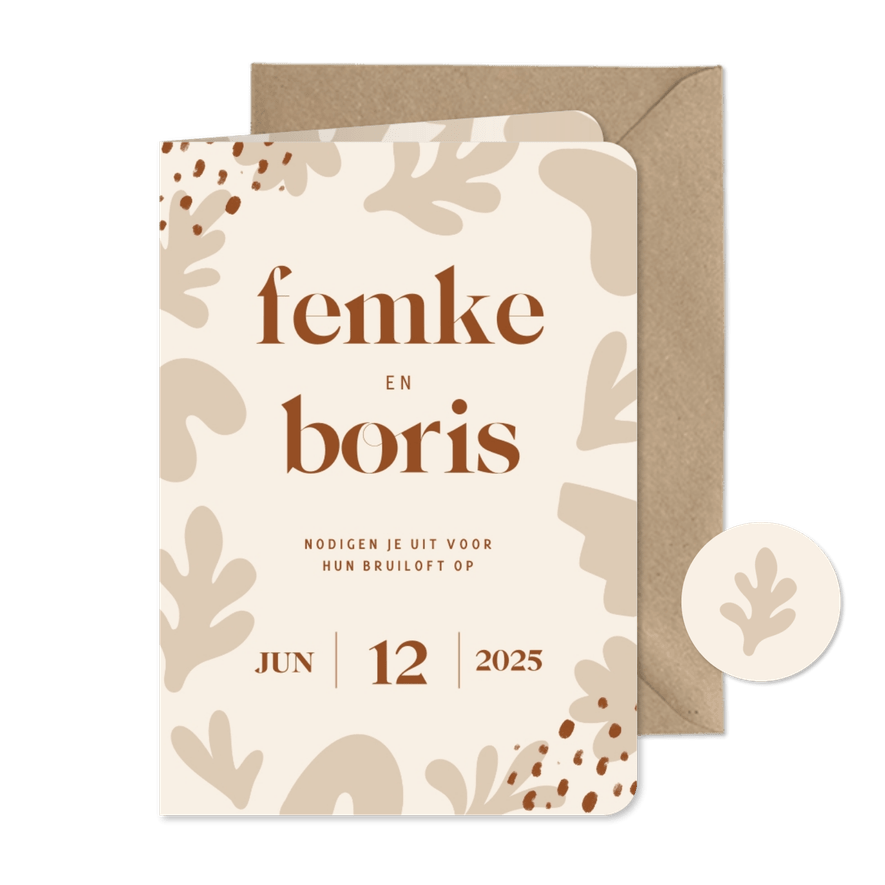 Beige trouwkaart met trendy abstracte vormen - Kaartimpressie