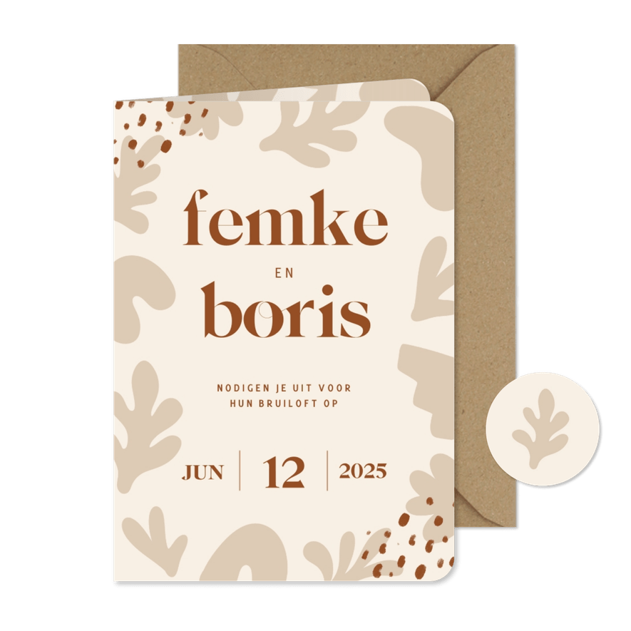 Beige trouwkaart met trendy abstracte vormen - Kaartimpressie