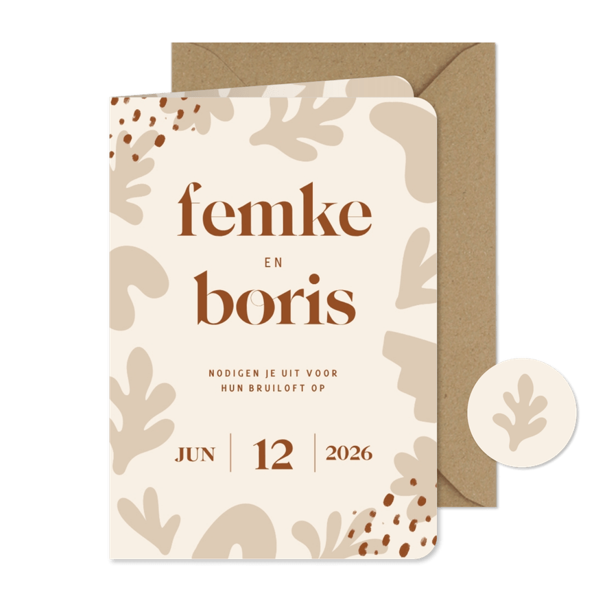 Beige trouwkaart met trendy abstracte vormen - Kaartimpressie