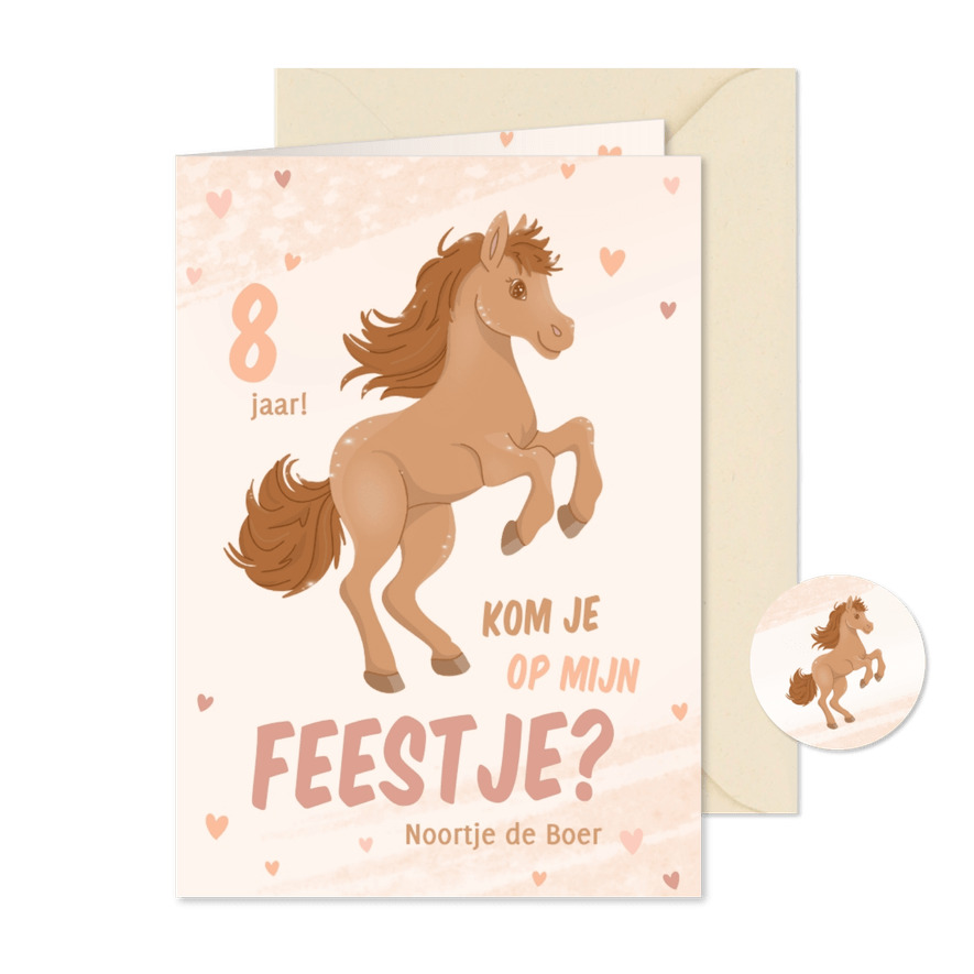 Beige uitnodigingen kinderfeestje met paard en hartjes - Kaartimpressie