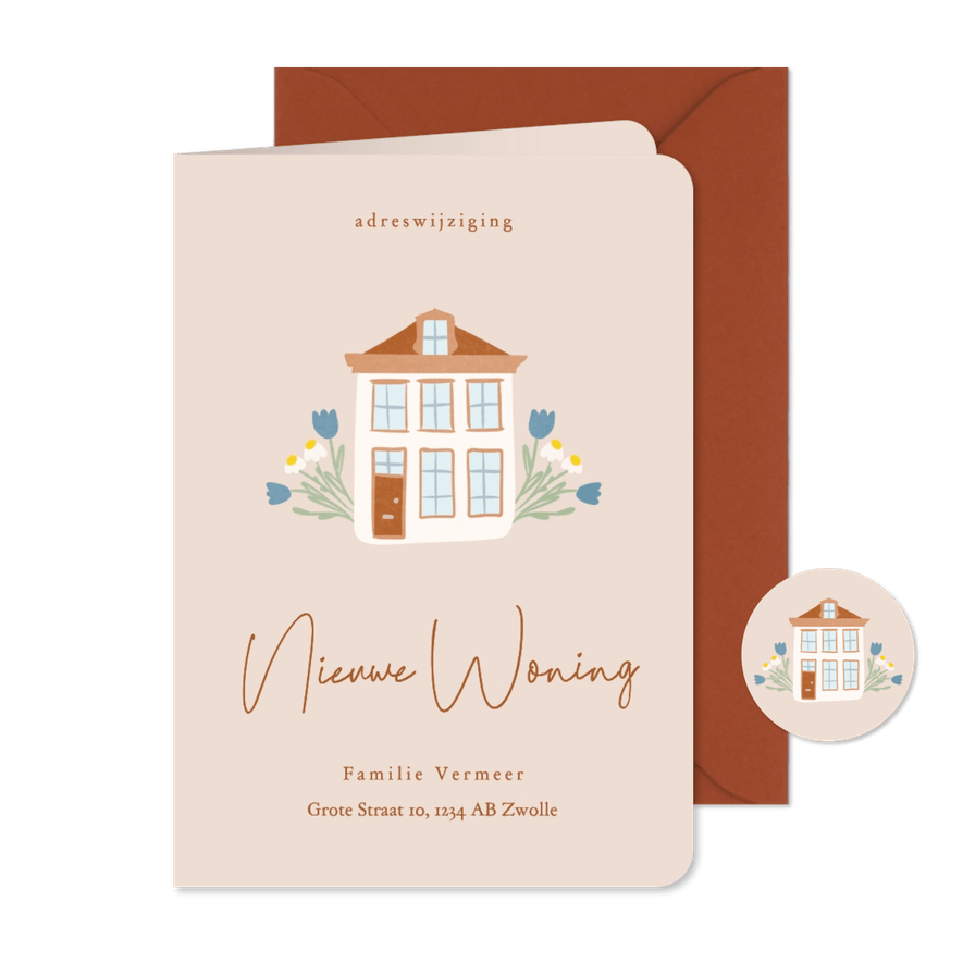 Beige verhuiskaartje met huisje en bloemen nieuwe woning - Kaartimpressie