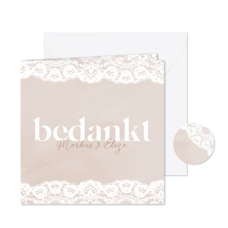 Beige waterverf bedankkaart met kant en witte typografie - Kaartimpressie