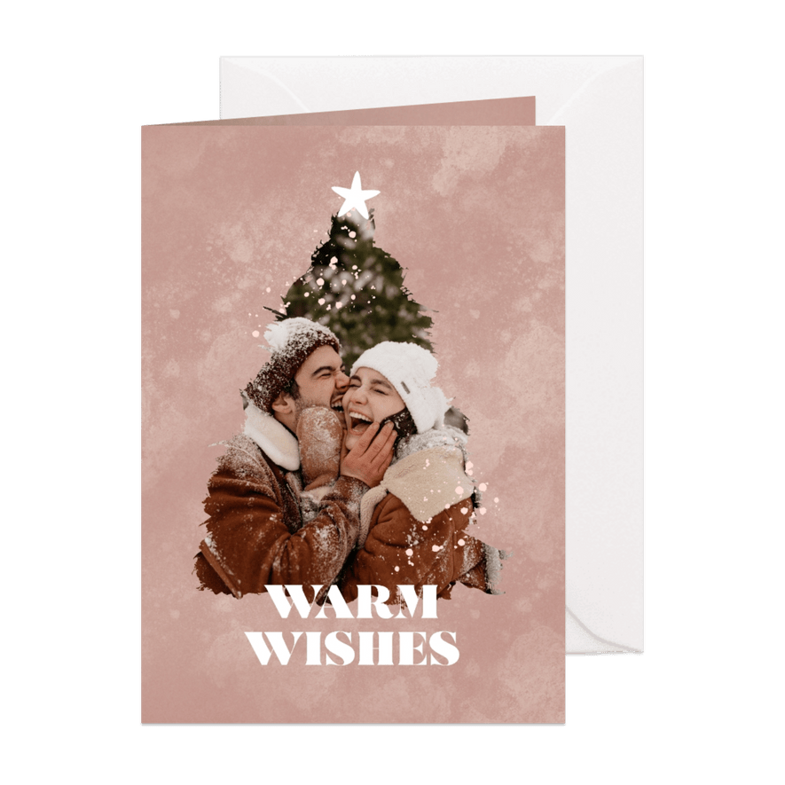 Beige waterverf kerstkaart met foto in kerstboom vorm - Kaartimpressie