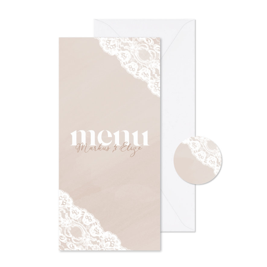 Beige waterverf menukaart met kant en witte typografie - Kaartimpressie