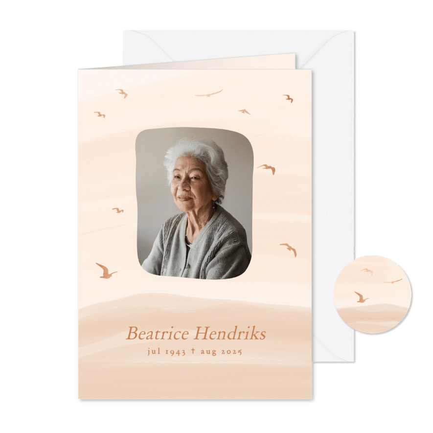 Beige waterverf rouwkaart met subtiele vogels - Kaartimpressie