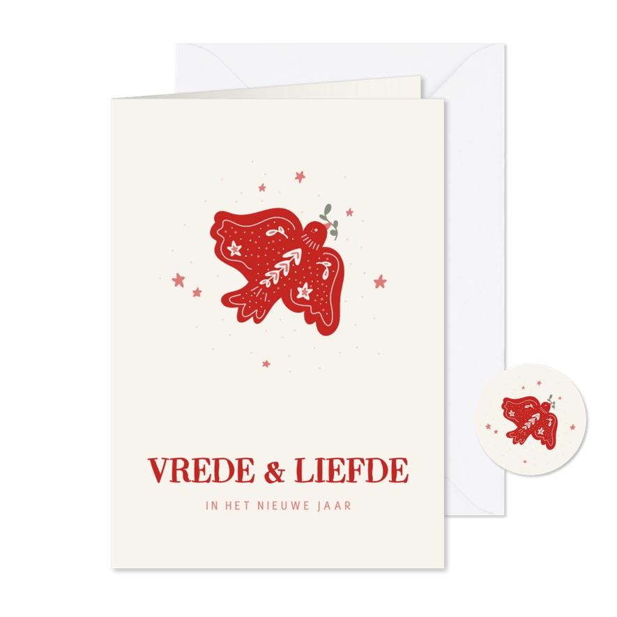 Betekenisvol nieuwjaarskaartje met vredesduifje in rood - Kaartimpressie