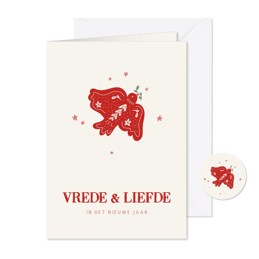 Betekenisvol nieuwjaarskaartje met vredesduifje in rood - Kaartimpressie