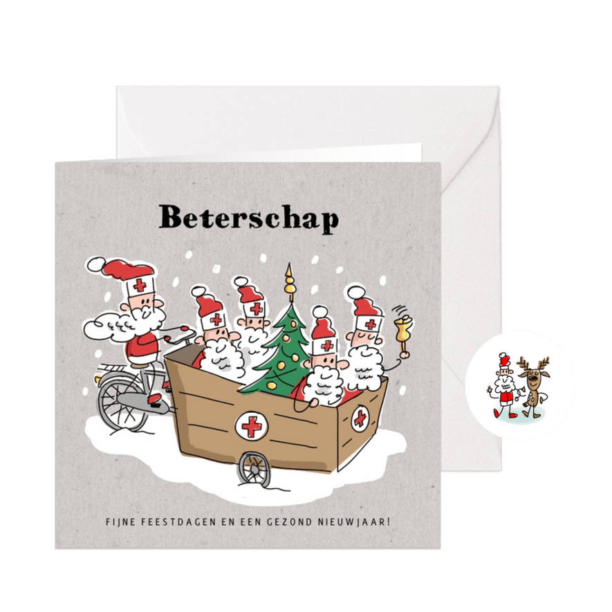 Beterschapskaart met kerstmannen en kerstboom in bakfiets - Kaartimpressie