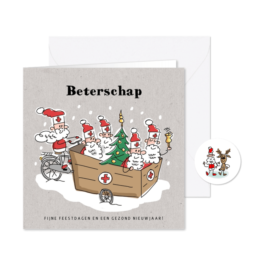 Beterschapskaart met kerstmannen en kerstboom in bakfiets - Kaartimpressie