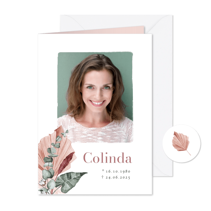 Bidprent afscheid droogbloemen roze eucalyptus foto - Kaartimpressie