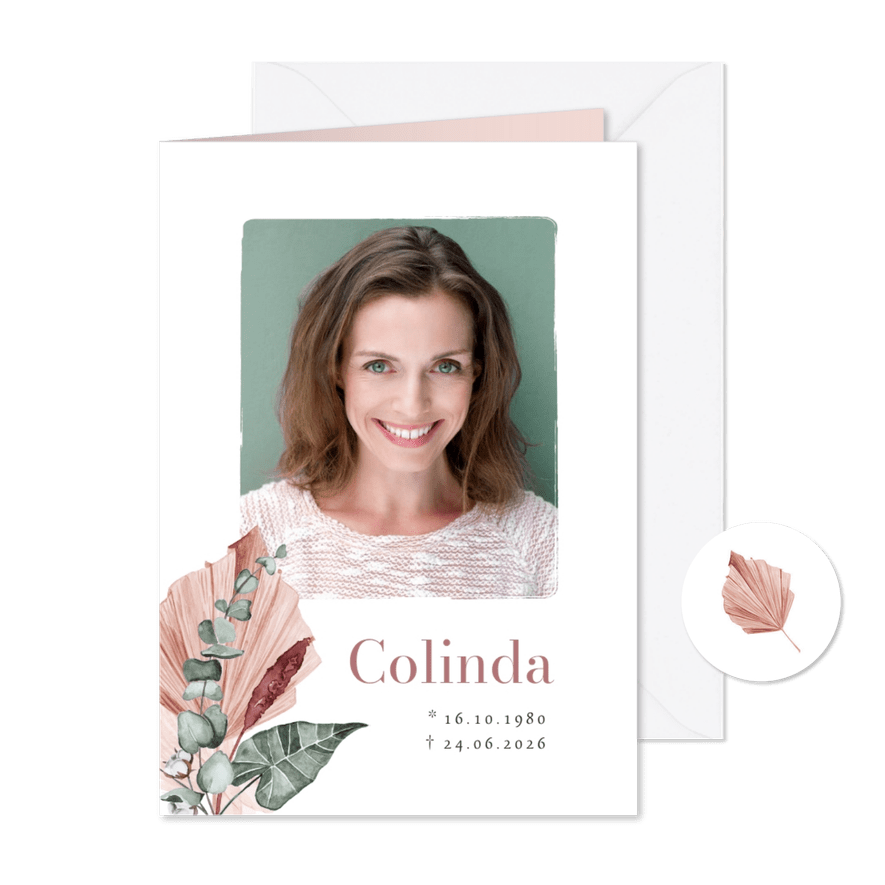 Bidprent afscheid droogbloemen roze eucalyptus foto - Kaartimpressie