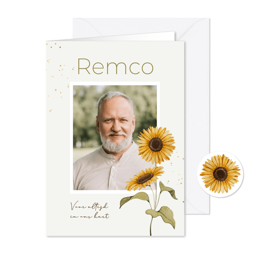 Bidprent gedachteniskaartje foto zonnebloemen waterverf - Kaartimpressie