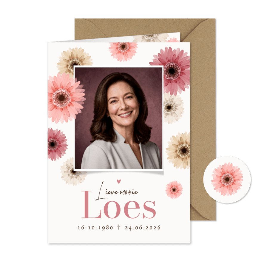 Bidprent herinneringskaart foto gerbera bloemen kleurrijk - Kaartimpressie