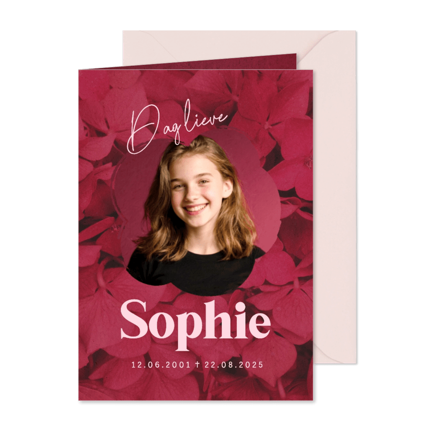 Bidprent herinneringskaart foto hortensia bloemen rood roze - Kaartimpressie