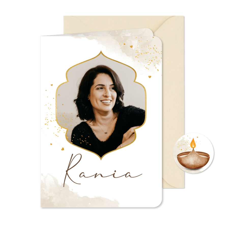 Bidprent Hindoestaans Diya lichtje waterverf hartjes foto - Kaartimpressie