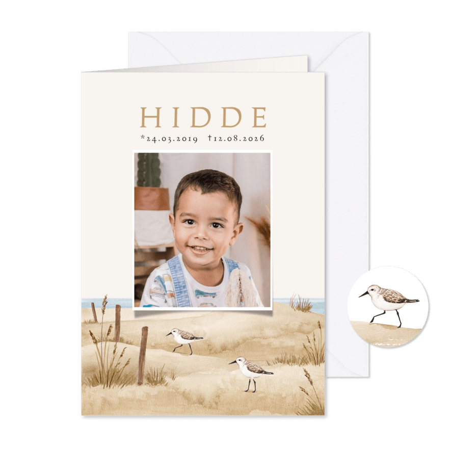 Bidprent rouwkaart strand zee vogels dieren landschap - Kaartimpressie