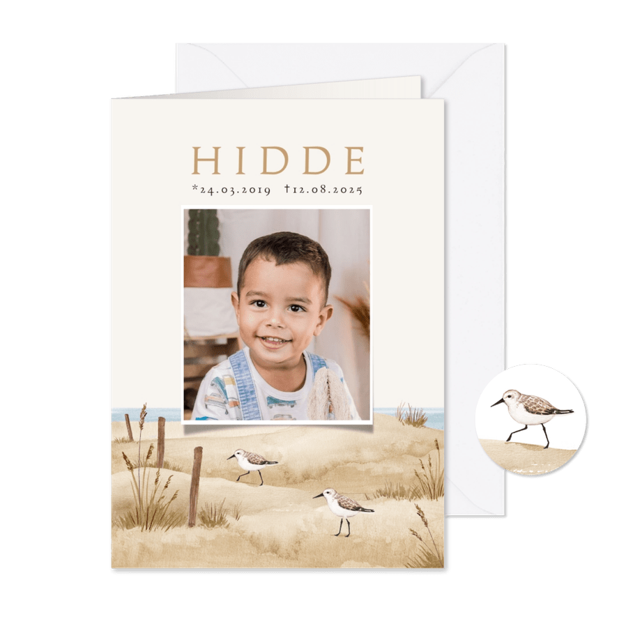 Bidprent rouwkaart strand zee vogels dieren landschap - Kaartimpressie