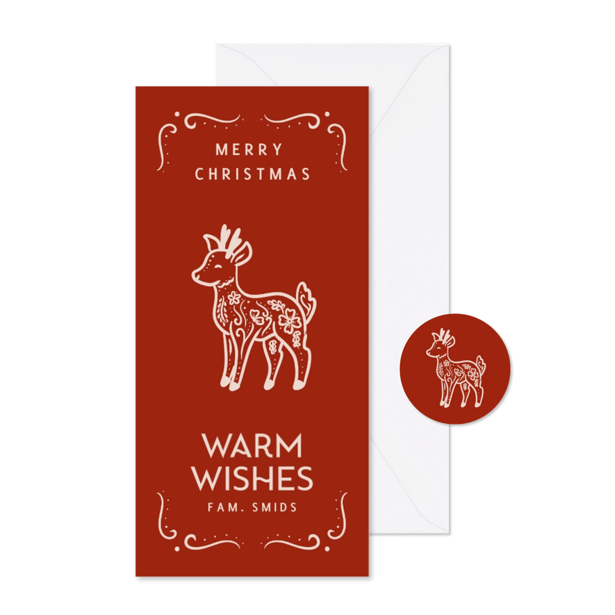 Bijzonder kerstkaartje met folklore illustratie van hertje - Kaartimpressie