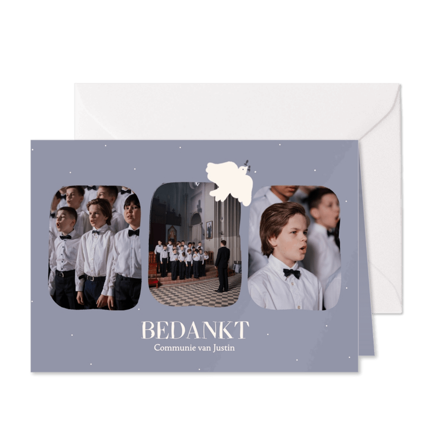 Blauw bedankkaartje voor communie met duifje klassiek - Kaartimpressie